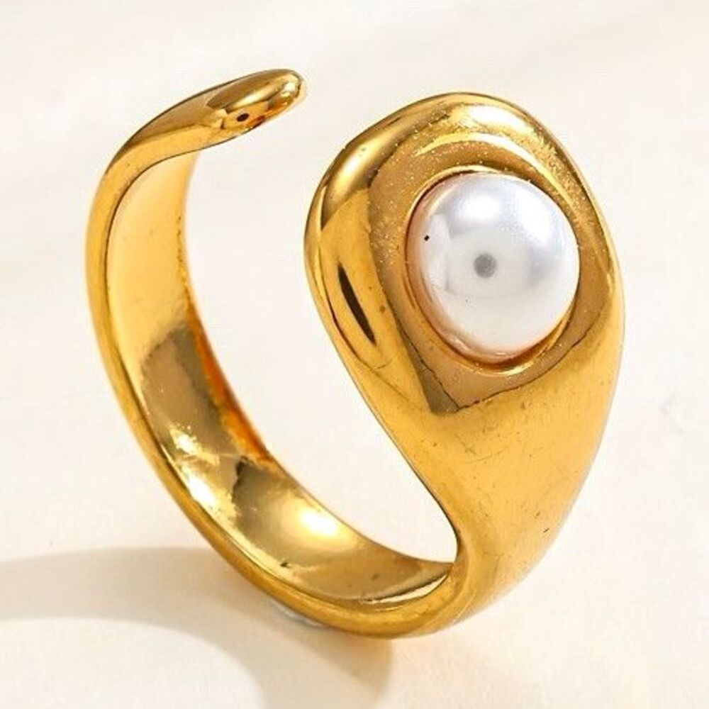 18K Gold Plated Pearl Open Ring Stainless Steel Modern Statement Ring